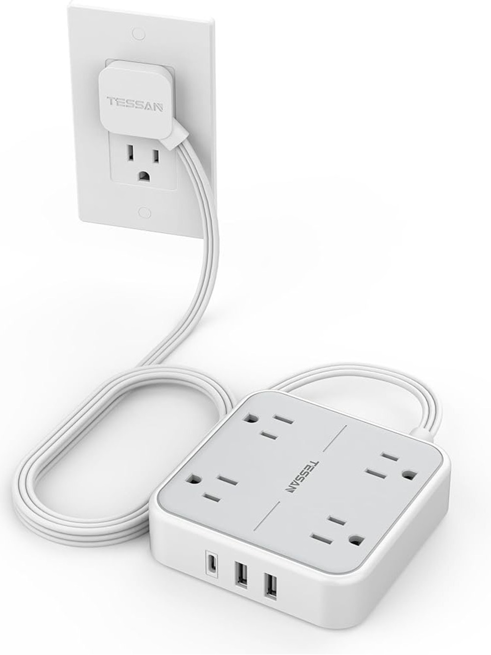 TESSAN Surge Protector Flat Extension Cord 5Ft, Flat Plug Power Strip with 4 Out